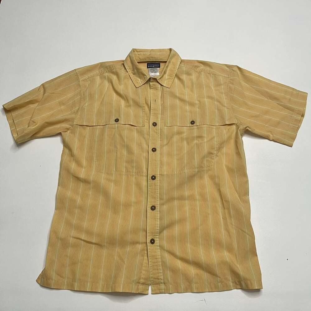 Patagonia Men's M A/C Short-Sleeve Shirt Yellow Striped Button-Down - Picture 2 of 10